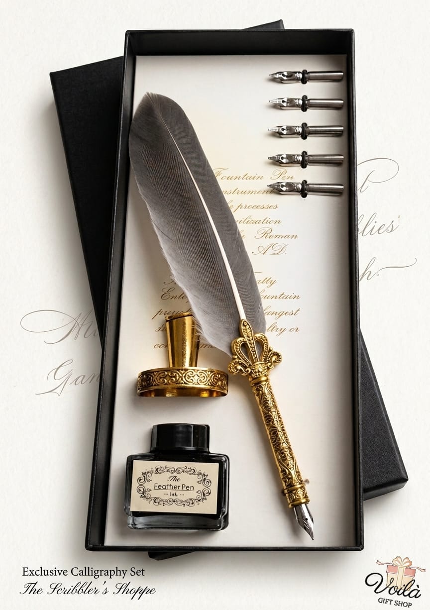 Calligraphy set with feather pen, ink bottle, and nibs in a black box on a white background.