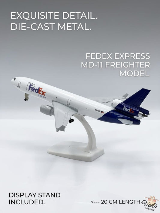 FedEx Express MD-11 Freighter model airplane on a gray background with text highlighting features.