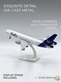 FedEx Express MD-11 Freighter model airplane on a gray background with text highlighting features.