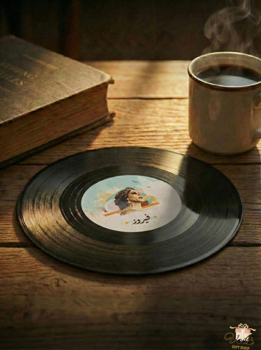 Vinyl record with a cover featuring a woman playing a guitar, placed on a wooden surface next to a steaming cup of coffee and an old book.