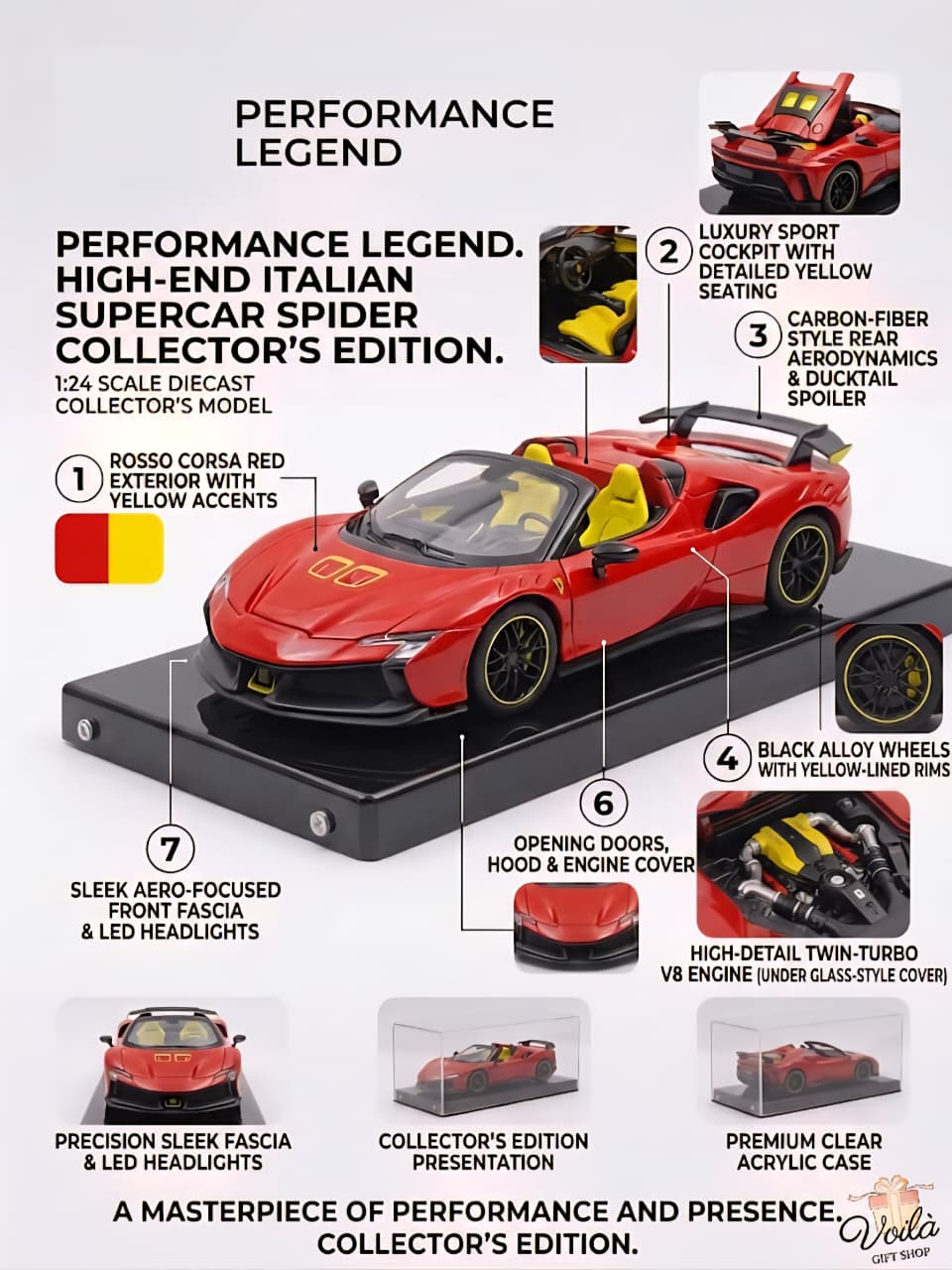 Red high-end Italian supercar model with features highlighted on a black stand.