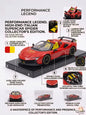 Red high-end Italian supercar model with features highlighted on a black stand.