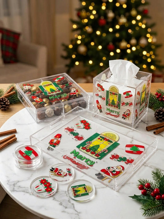 Festive Christmas clear acrylic tray, tissue box, sweets box, and coasters set