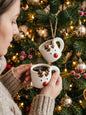 Festive ceramic reindeer espresso cups used as Christmas tree ornaments and coffee mugs
