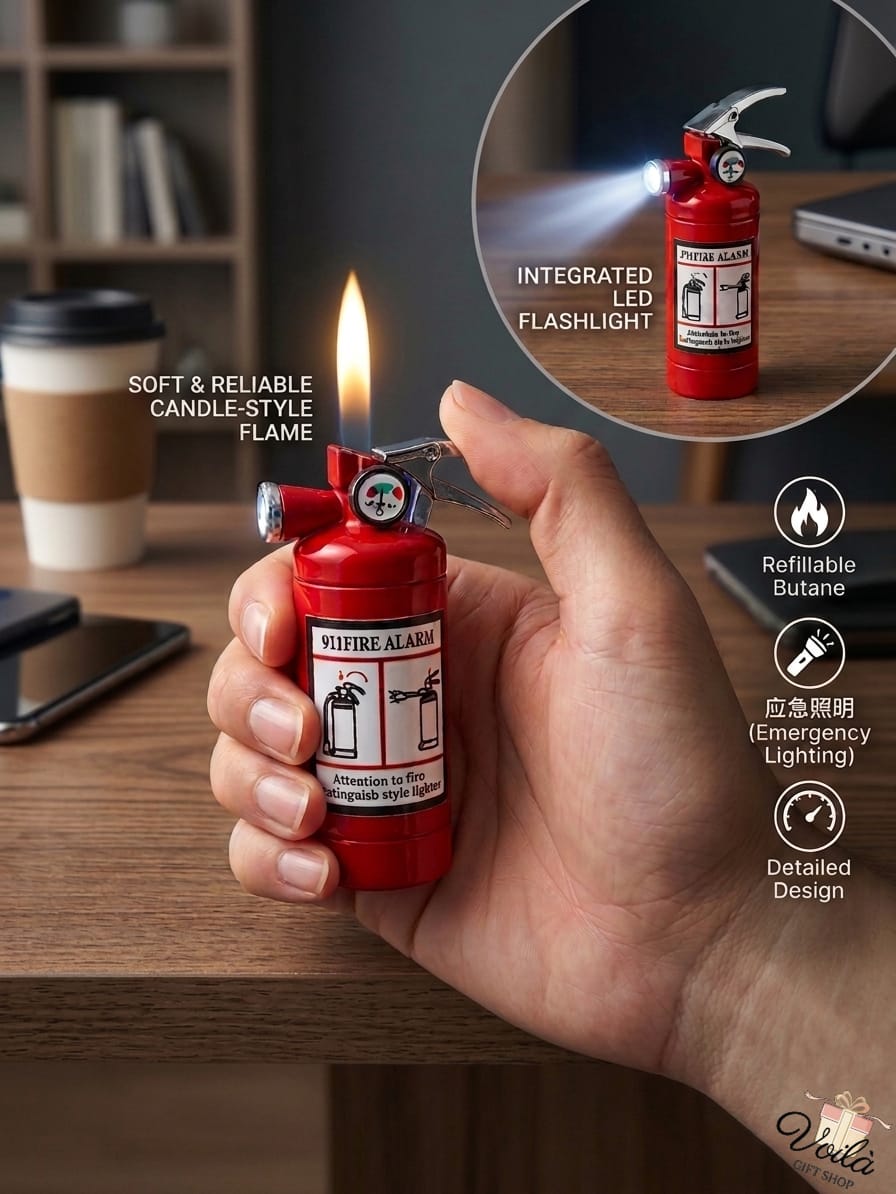 Red fire extinguisher-shaped lighter with flame and flashlight features, held in a hand on a desk.