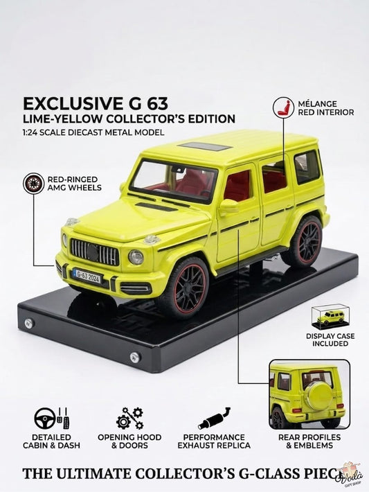 Yellow model car on a black stand with features highlighted