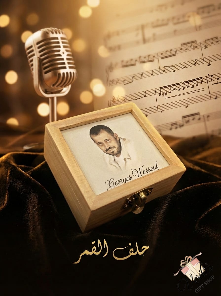 Wooden box with a portrait and microphone on sheet music, warm lighting