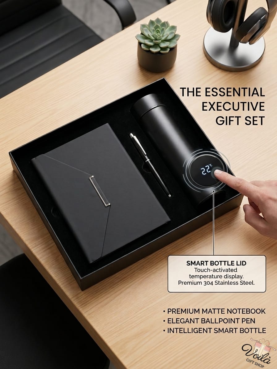 Executive gift set with smart bottle, notebook, and pen on a wooden surface.