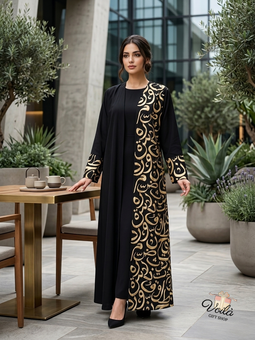 Elegant black abaya with gold Arabic calligraphy worn by a woman
