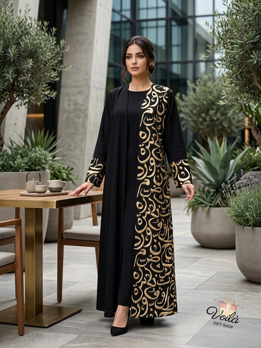 Elegant black abaya with gold Arabic calligraphy worn by a woman