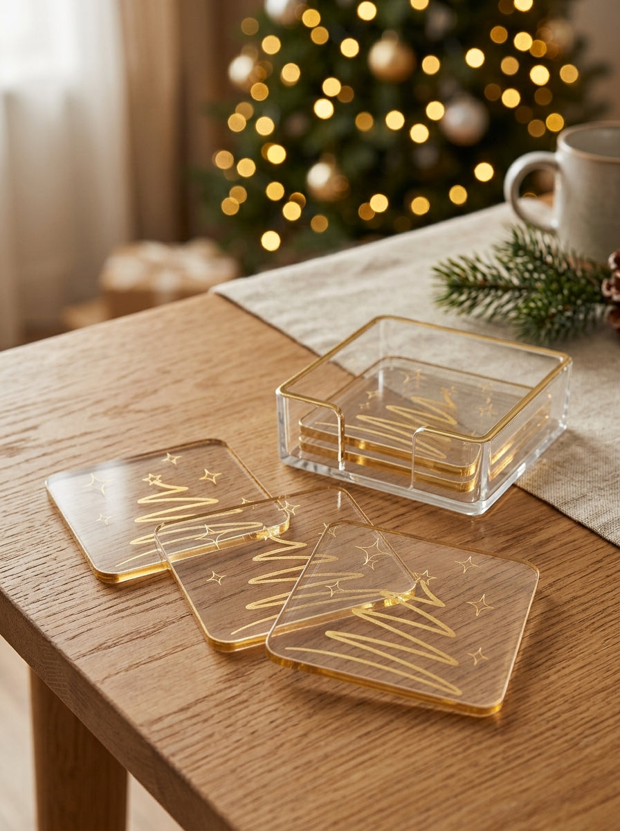 Clear acrylic Christmas tree coasters with gold foil trim in an acrylic holder box