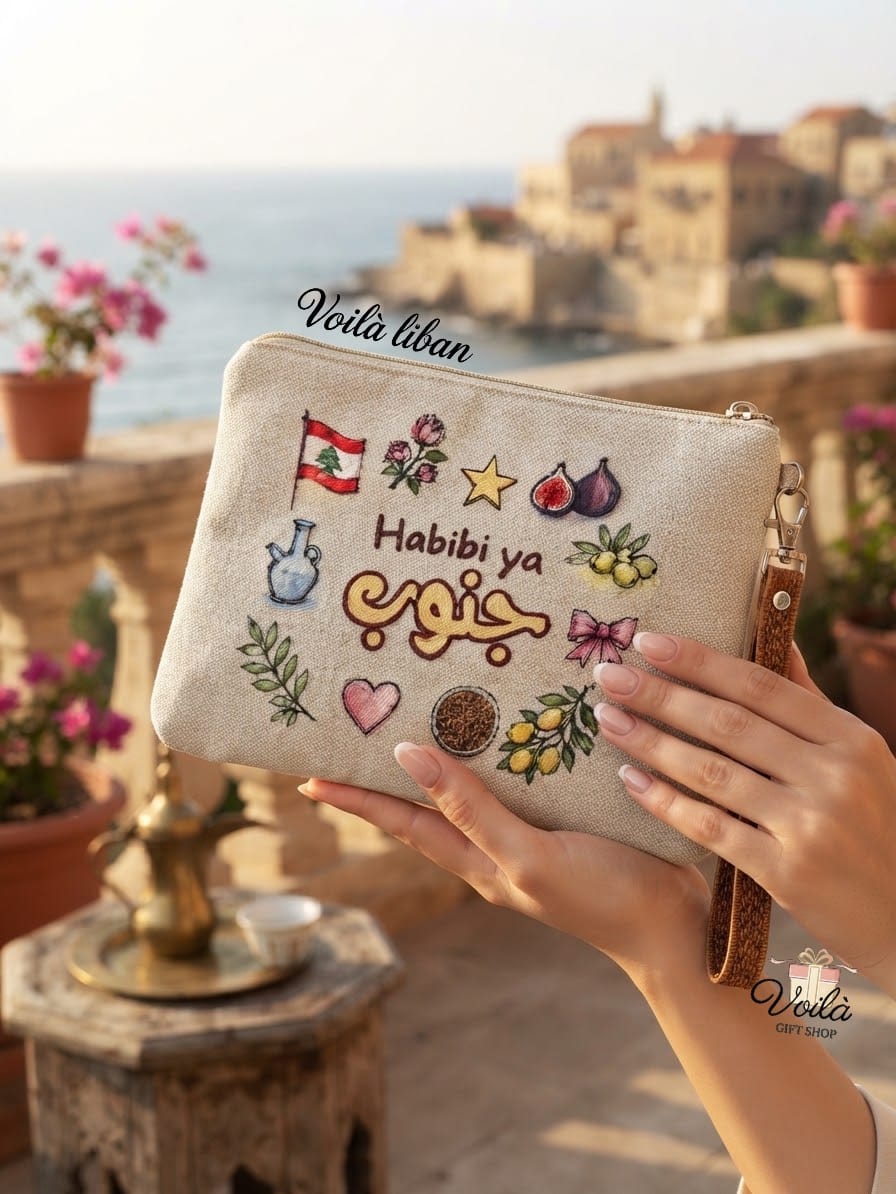 Embroidered linen pouch featuring traditional Lebanese symbols and Habibi Ya Jnoub text