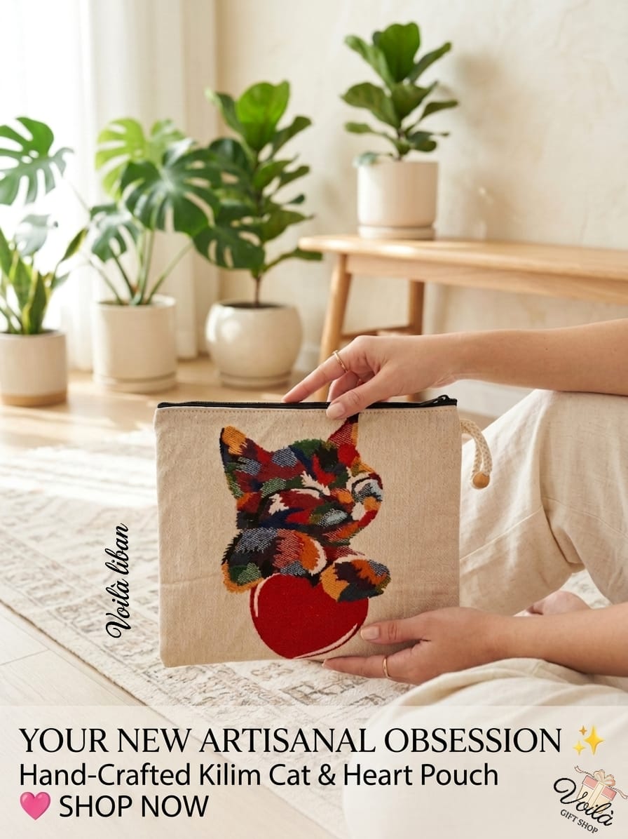 Woman sitting in a sunny room holding a premium hand-crafted kilim tapestry pouch featuring a colorful woven cat resting on a large red heart.