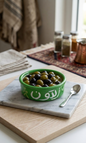Hand-painted green ceramic bowl with Arabic calligraphy containing olives