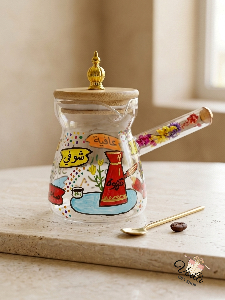 Hand-painted glass Lebanese coffee rakweh with dried flowers in the handle and a gold spoon