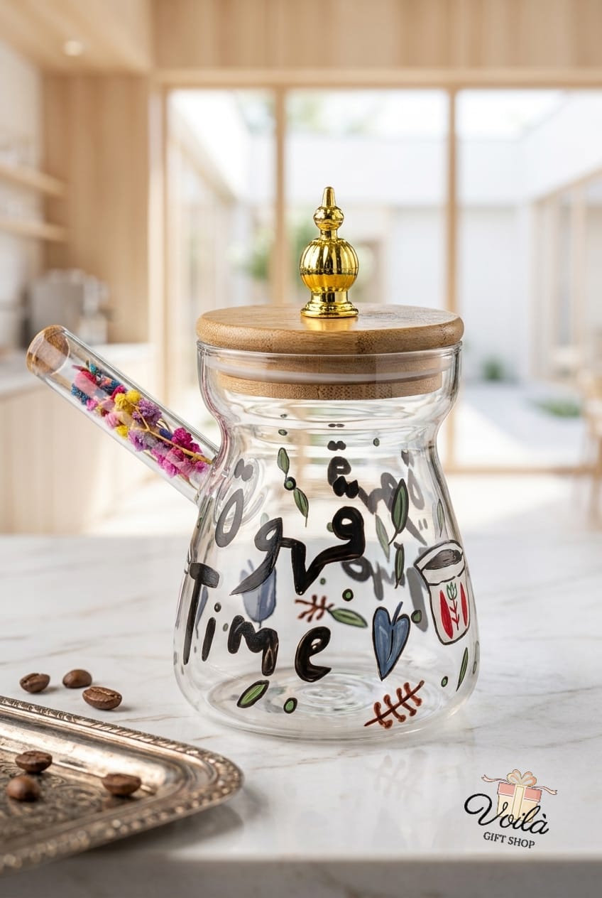 Hand-painted glass rakweh coffee pot with wooden lid and dried flower handle