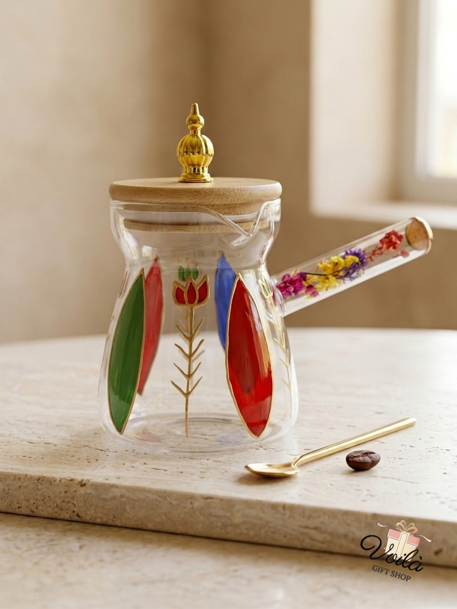 Hand-painted glass Lebanese Rakweh coffee pot with dried flower handle and gold spoon