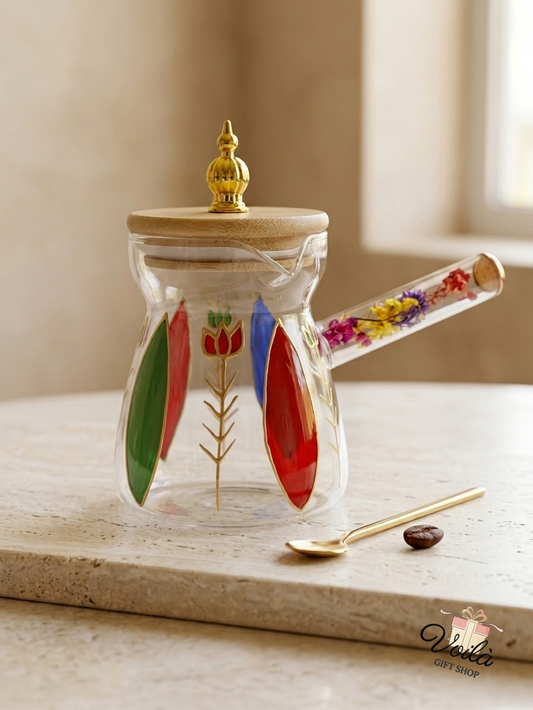 Hand-painted glass Lebanese Rakweh coffee pot with dried flower handle and gold spoon