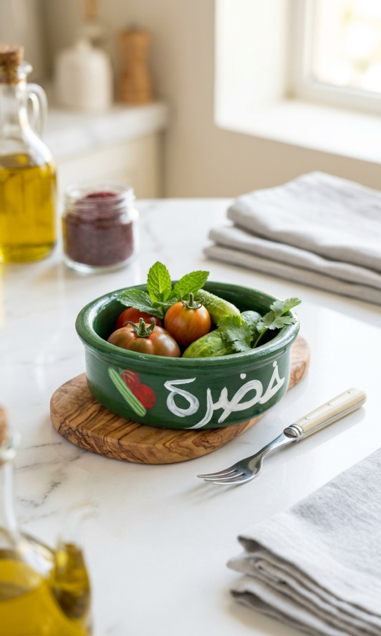Hand-painted green Lebanese ceramic bowl with Arabic calligraphy for vegetables on an olive wood board