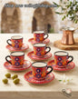 Hand-painted red Lebanese coffee cups and saucers set of six