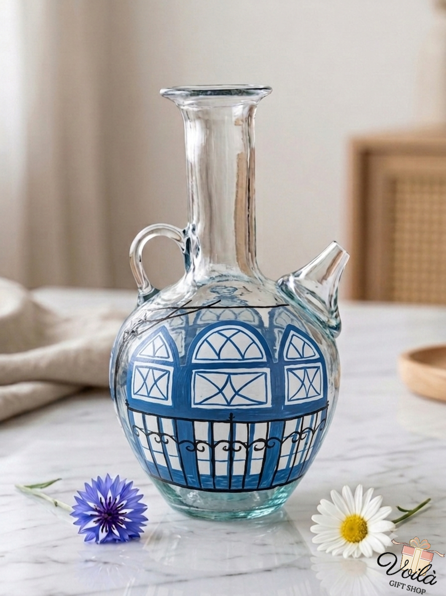 Hand-painted traditional Lebanese glass Ibrik water jug with blue triple-arch house design