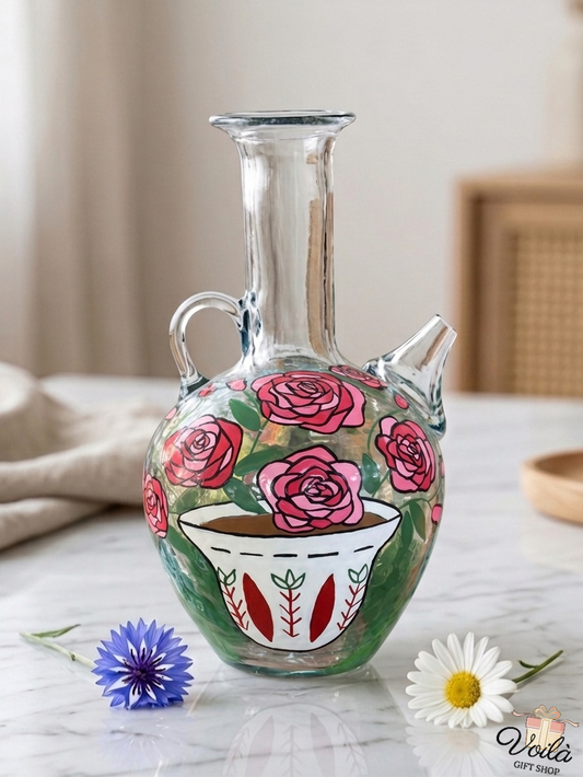 Hand-painted traditional Lebanese glass Ibrik with pink roses and finjan design