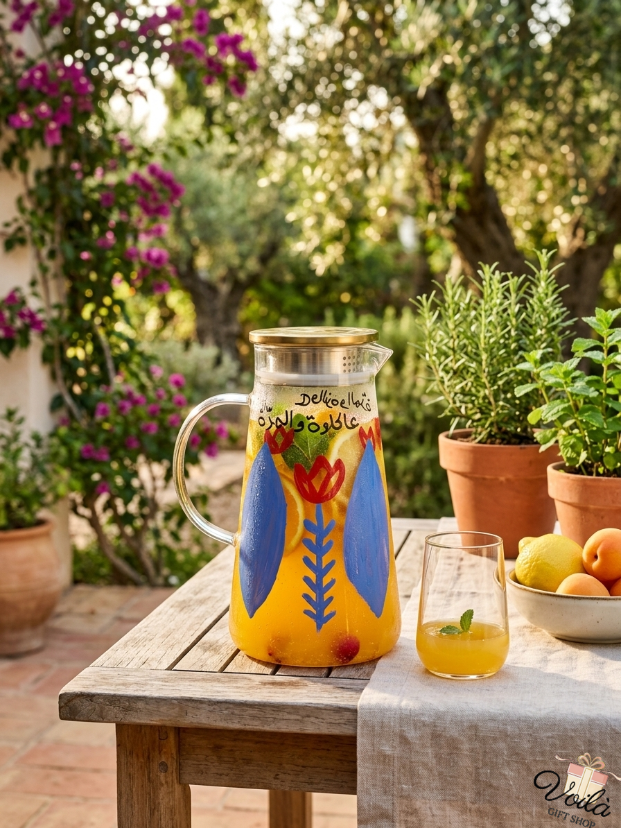 Hand-painted glass pitcher with Arabic calligraphy on an outdoor wooden table in Lebanon