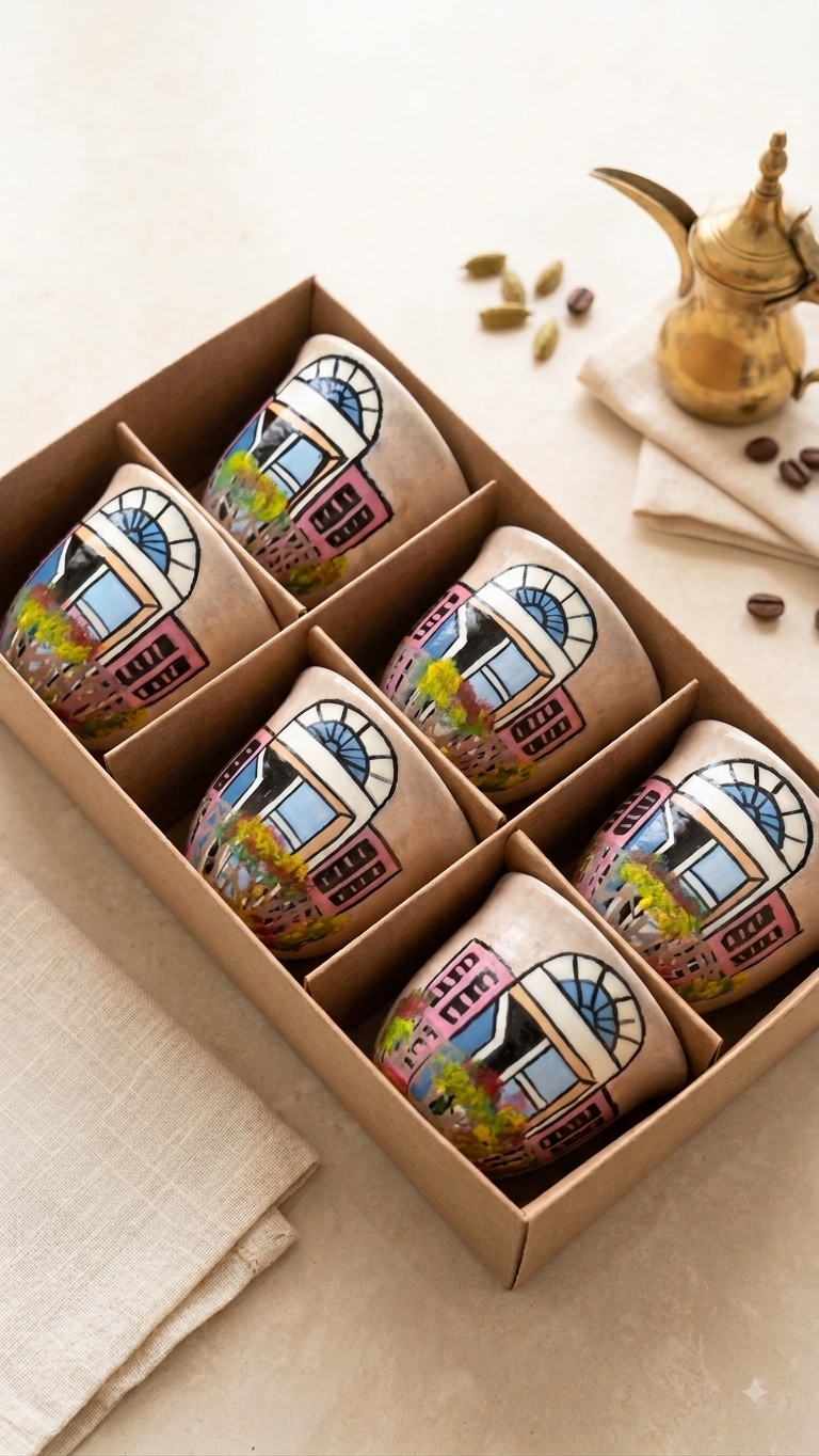 Set of six hand-painted Arabic coffee cups featuring traditional Lebanese house designs in a gift box.