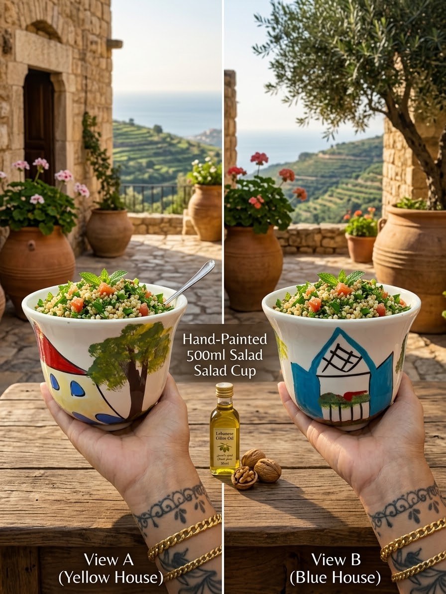 Hand-painted ceramic salad cup featuring traditional Lebanese village houses on a rustic wooden table.