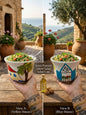 Hand-painted ceramic salad cup featuring traditional Lebanese village houses on a rustic wooden table.