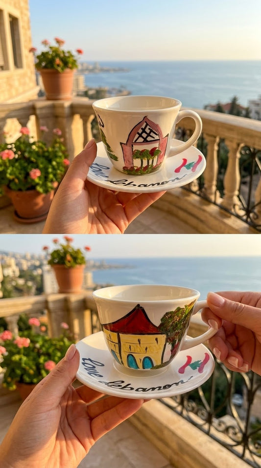 Hand-painted Lebanese ceramic coffee cup and saucer featuring traditional red-roofed house design