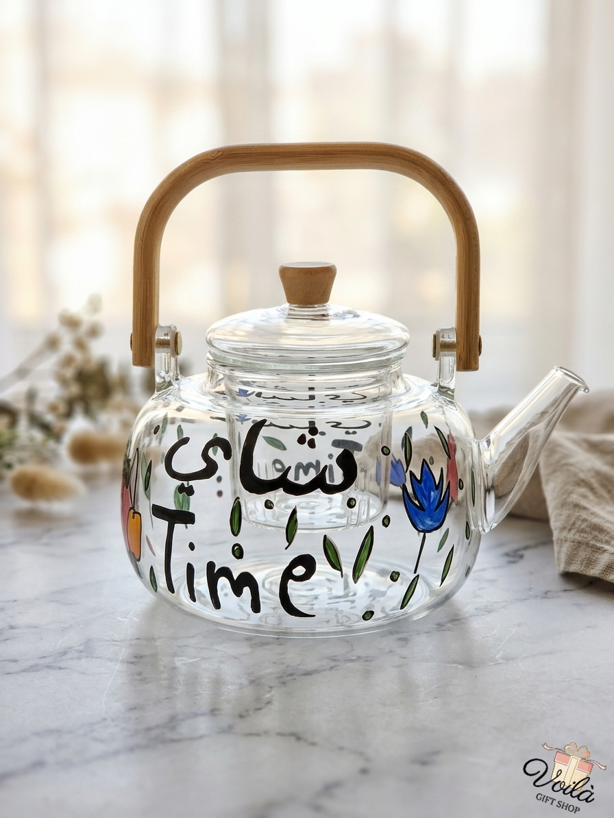 Hand-painted glass teapot with Arabic calligraphy and bamboo handle