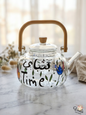 Hand-painted glass teapot with Arabic calligraphy and bamboo handle