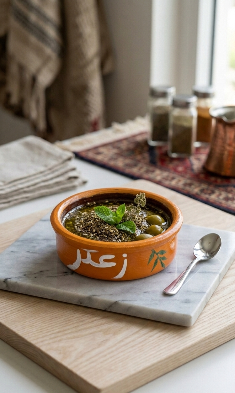 Traditional hand-painted Lebanese terracotta bowl filled with za'atar and olive oil