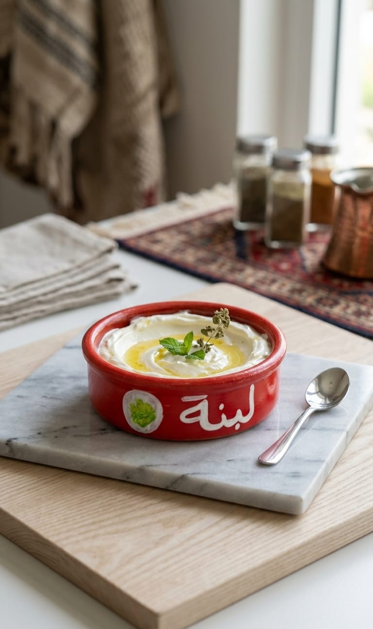 Handcrafted red ceramic bowl filled with fresh labneh and olive oil featuring Arabic calligraphy