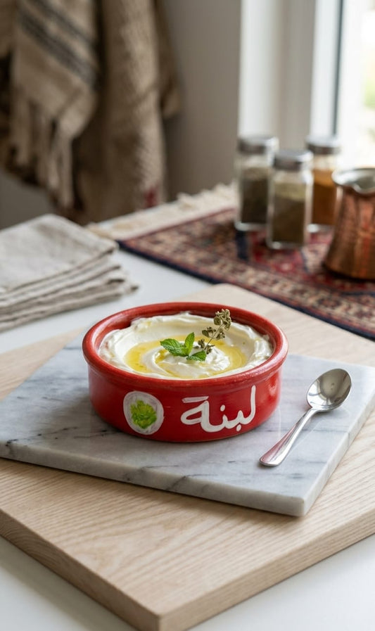Handcrafted red ceramic bowl filled with fresh labneh and olive oil featuring Arabic calligraphy