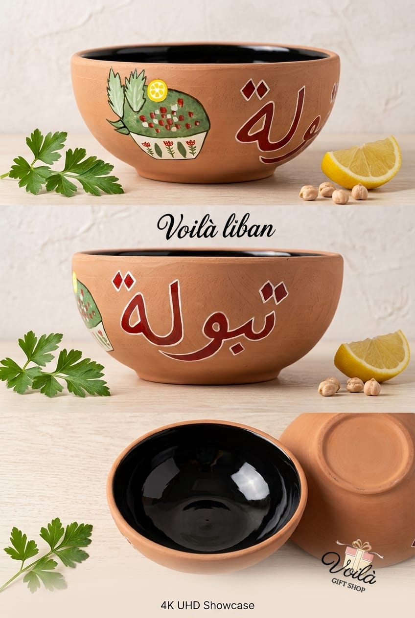 Handmade terracotta bowl with Arabic calligraphy for Tabbouleh