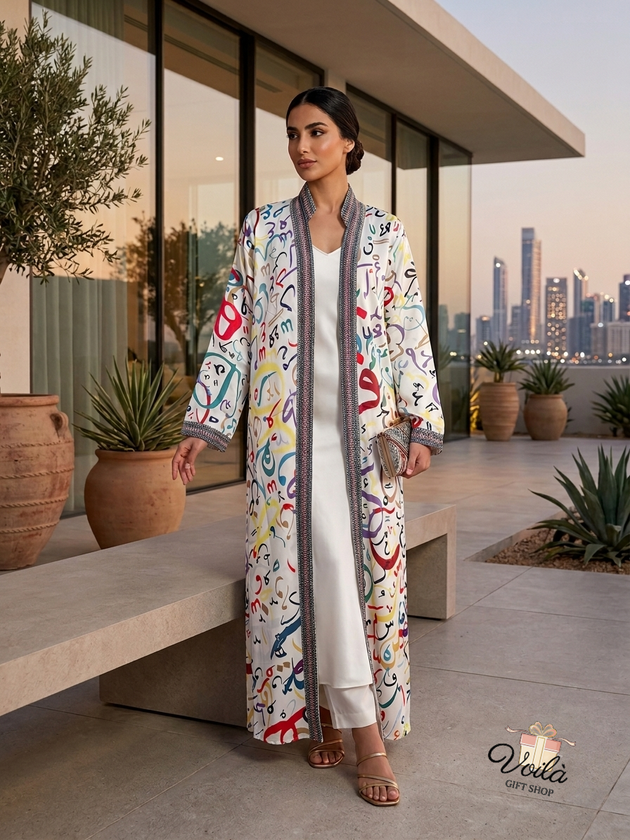 Elegant woman wearing a white silk kaftan with colorful Arabic calligraphy print