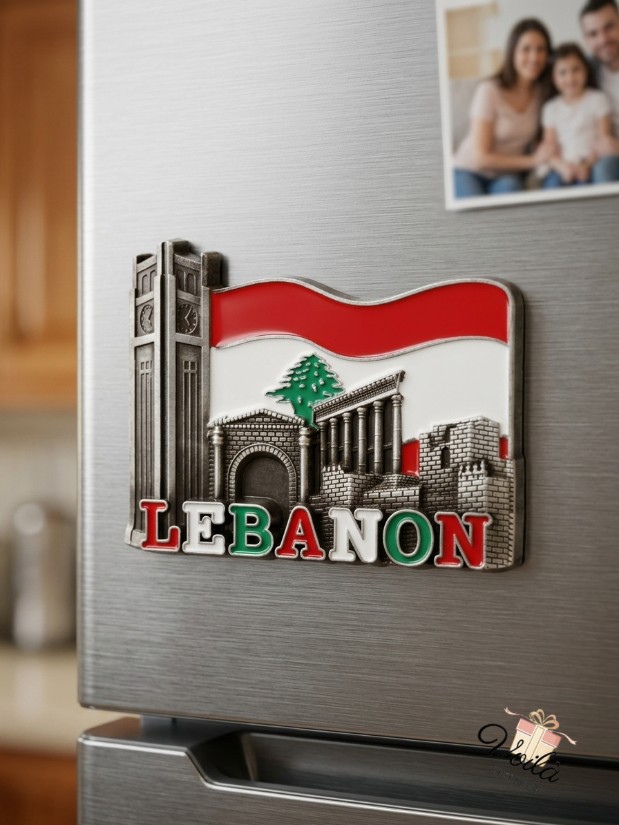 Premium 3D metal Lebanon refrigerator magnet featuring the Beirut clock tower, Baalbek ruins, and Lebanese flag