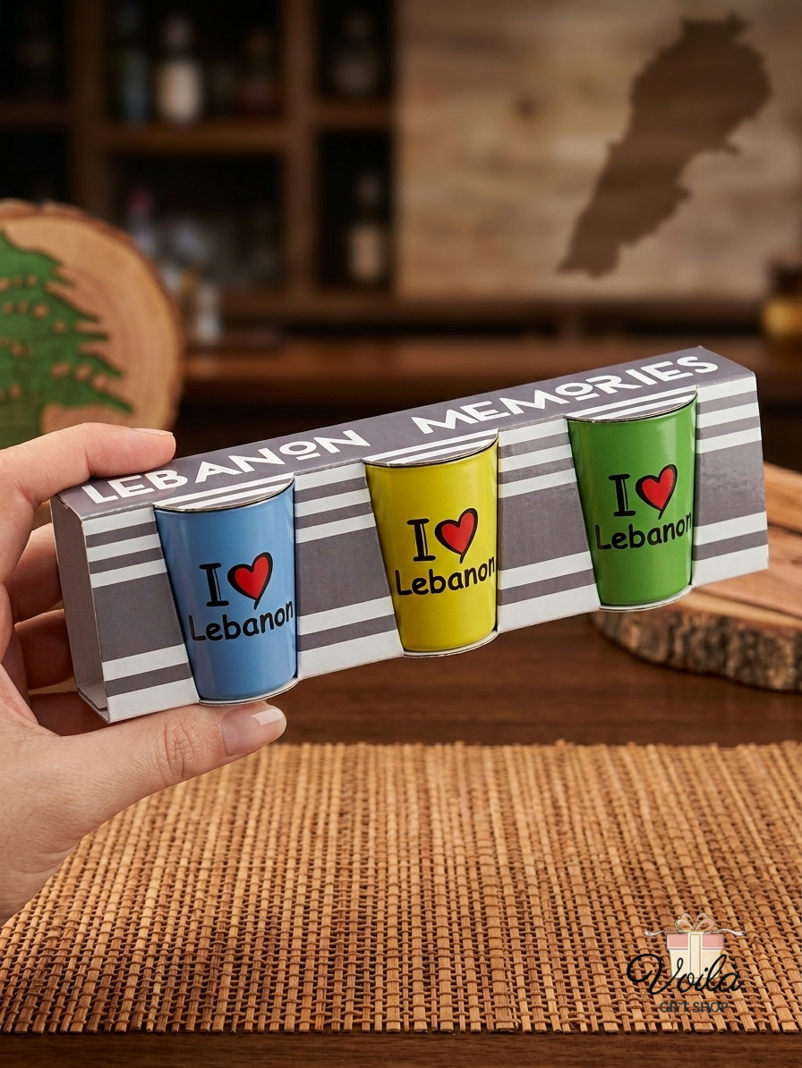 Three colorful I Love Lebanon shot glasses in a Lebanon Memories gift box