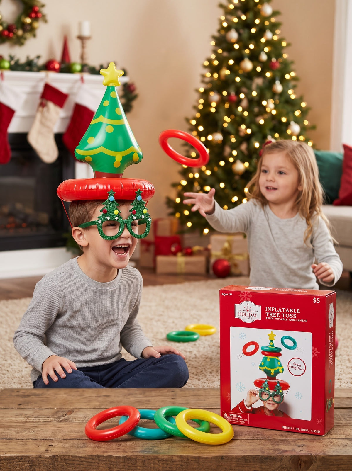 Children playing the inflatable Christmas tree ring toss holiday game