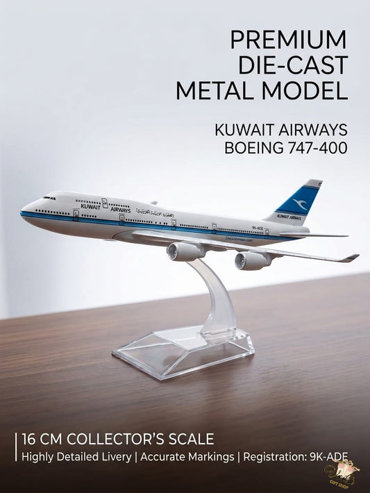 Model airplane of Kuwait Airways Boeing 747-400 on a stand with text about its features.