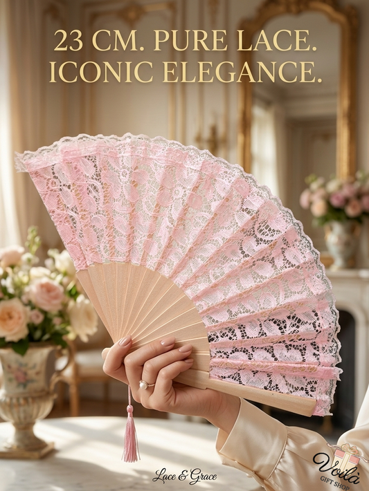 Elegant 23cm pink lace hand fan with wooden frame and tassel