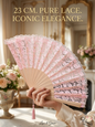Elegant 23cm pink lace hand fan with wooden frame and tassel