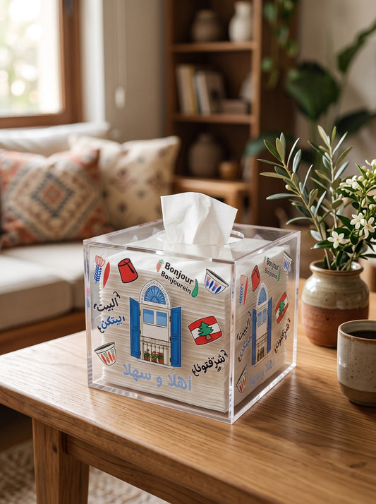 Clear acrylic tissue box cover decorated with Lebanese heritage illustrations and Arabic greetings