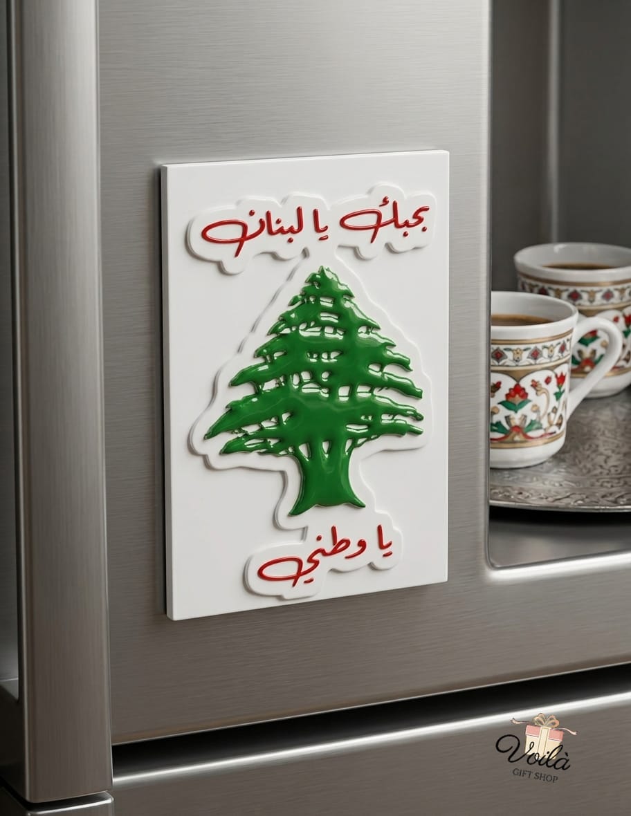 Embossed Lebanese Cedar fridge magnet with Arabic calligraphy on a refrigerator