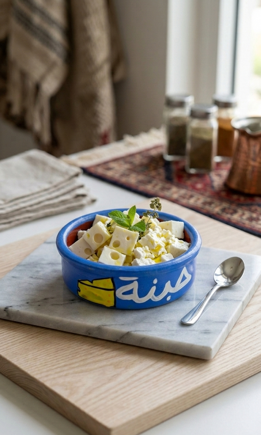 Hand-painted blue ceramic bowl with Arabic calligraphy for cheese