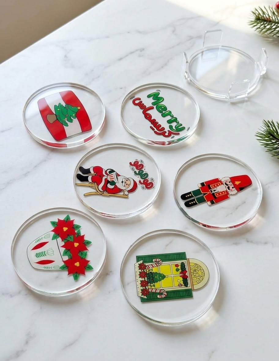 Set of 6 clear acrylic Christmas coasters with Lebanese holiday designs and clear holder