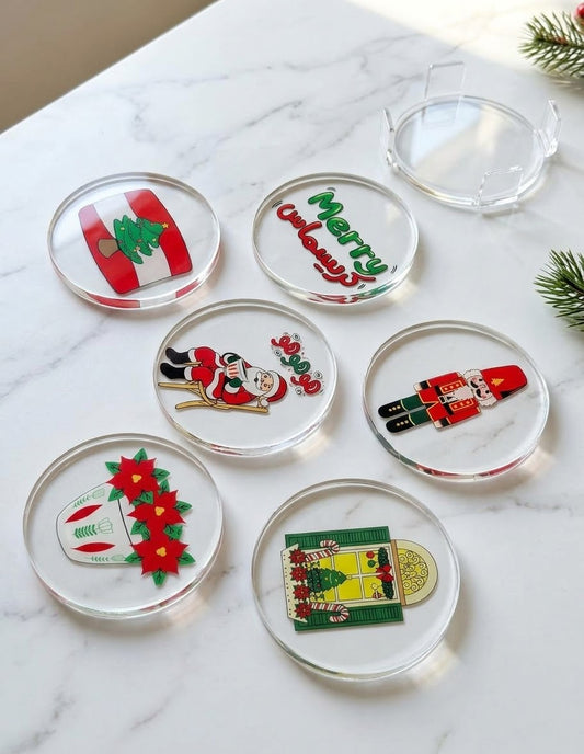 Set of 6 clear acrylic Christmas coasters with Lebanese holiday designs and clear holder