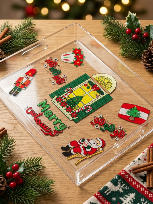 Lebanese Christmas Acrylic Tray with Traditional Window Motif and Santa Drinking Coffee